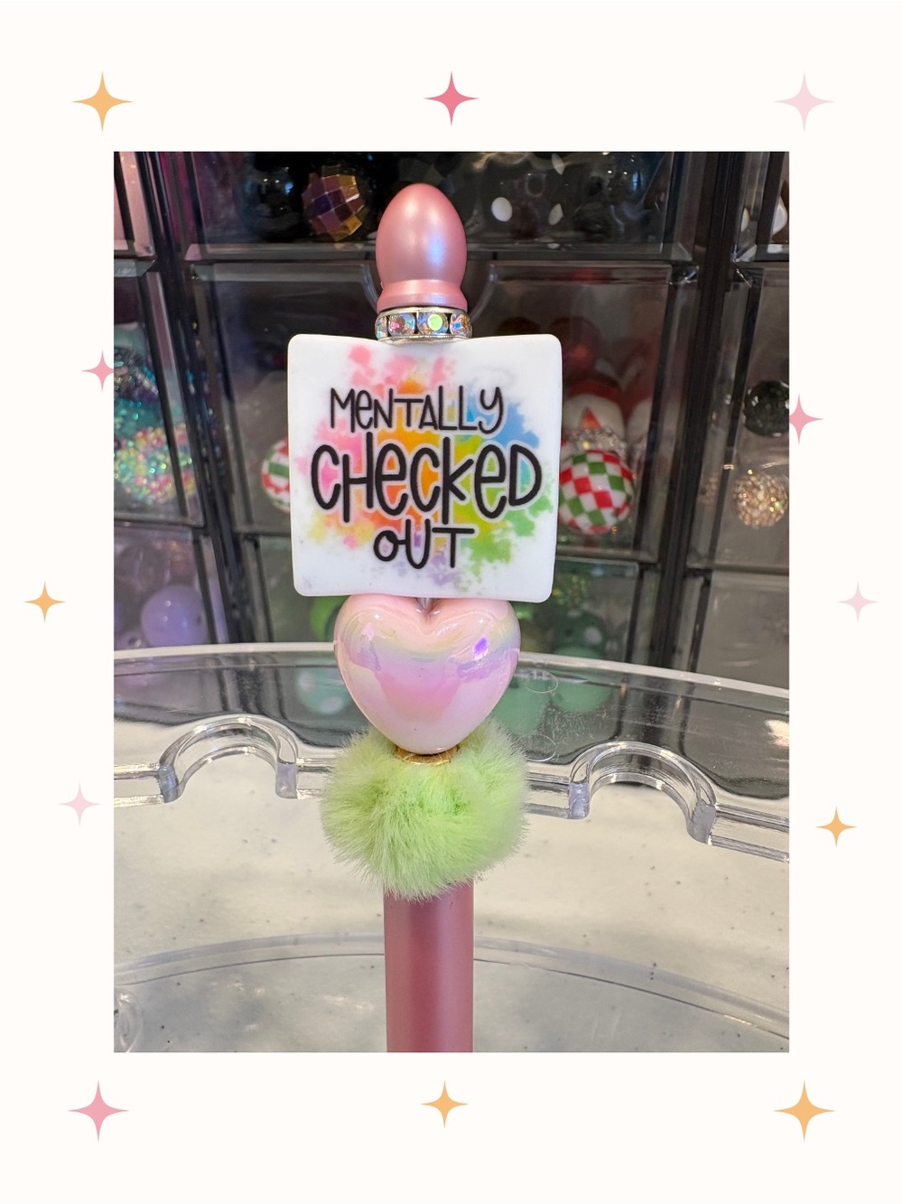 Handcrafted Mentally Checked Out Pink Heart Stylus Pen with Lime Pom
